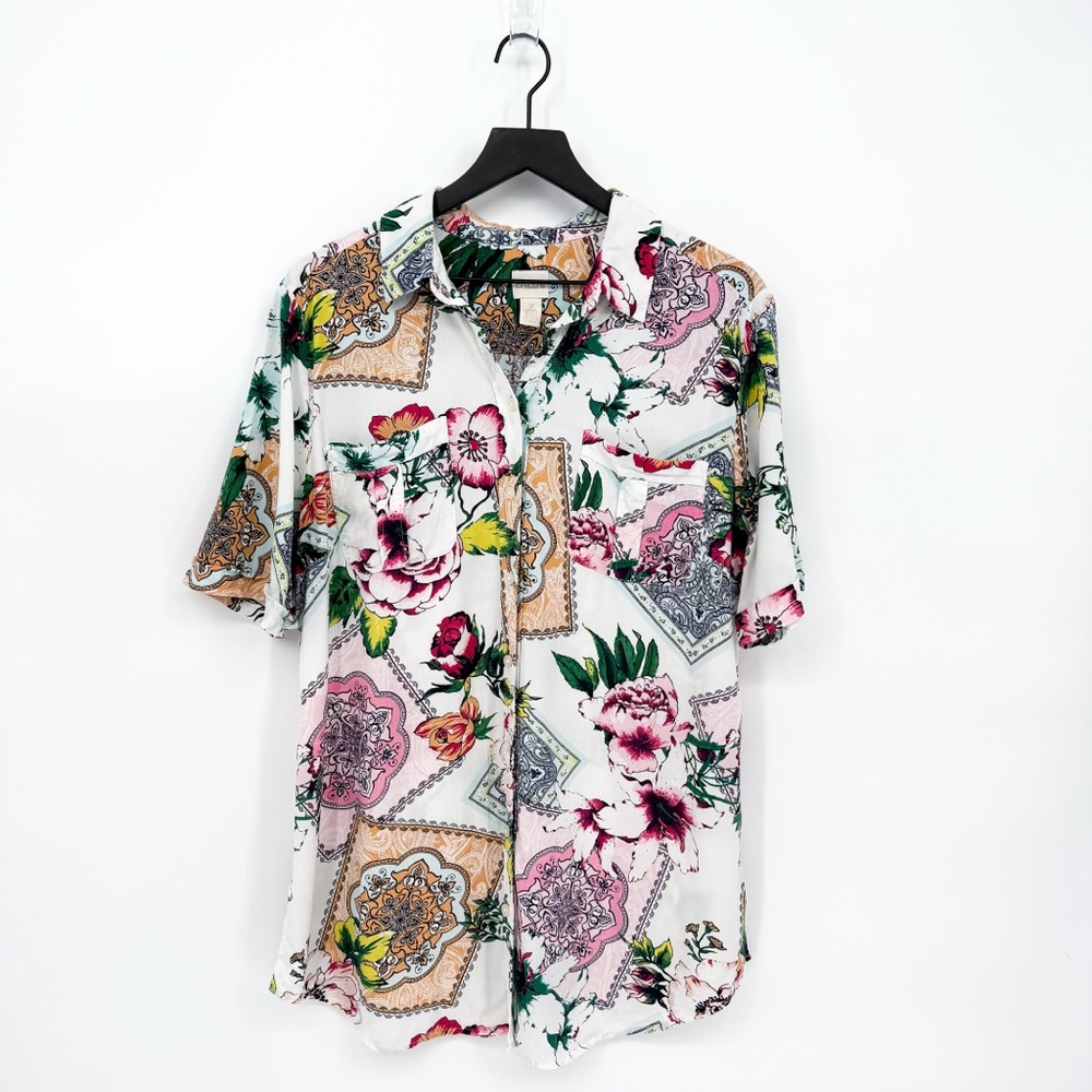 Chico’s Silky Soft Floral Tiles Tunic Blouse Size 2 (Large)